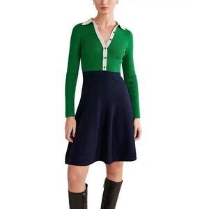 Boden Colorblock Sweater Dress Womens 8R Green Navy Blue Ribbed Polo Knit D0443
